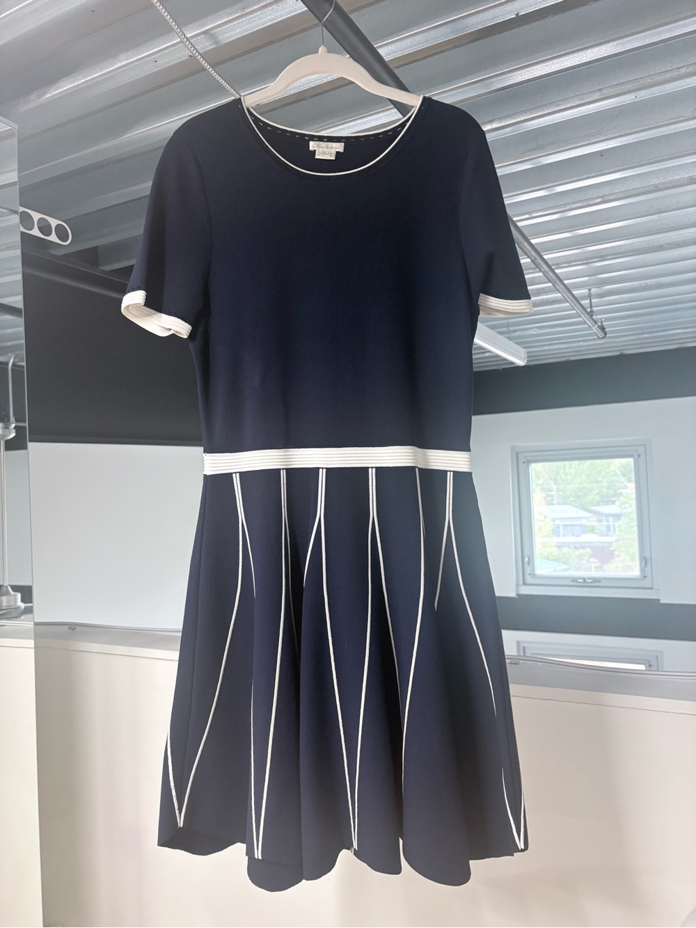 Shoshanna Navy and White Short Sleeve Fit-&-Flare Dress